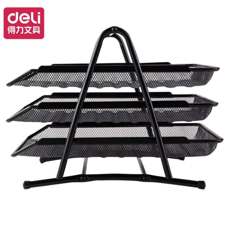 Deli Metal Mesh File Rack Three Layer Pen Holder Data Archives Storage Basket Organizer Office Desk Cabinet Tray