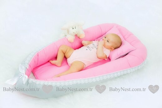 Babynest newborn baby nest bed portable crib travel bed baby nest baby lounge crib bumper pillow cushion: BabyNest Güpürlü Pembe ve Gri