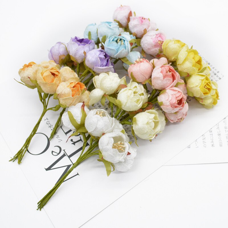 6 piezas de flores artificiales rosas de té flores decorativas para boda coronas adornos navideños para el hogar diy Caja de estampa