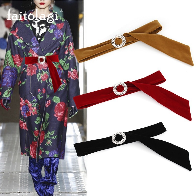 Cinturón largo de terciopelo dorado para mujer, cinta de diamante decorativa, cinturón de cintura para mujer, abrigo de vestido, corsé ancho Rojo Negro para mujer, cinturón
