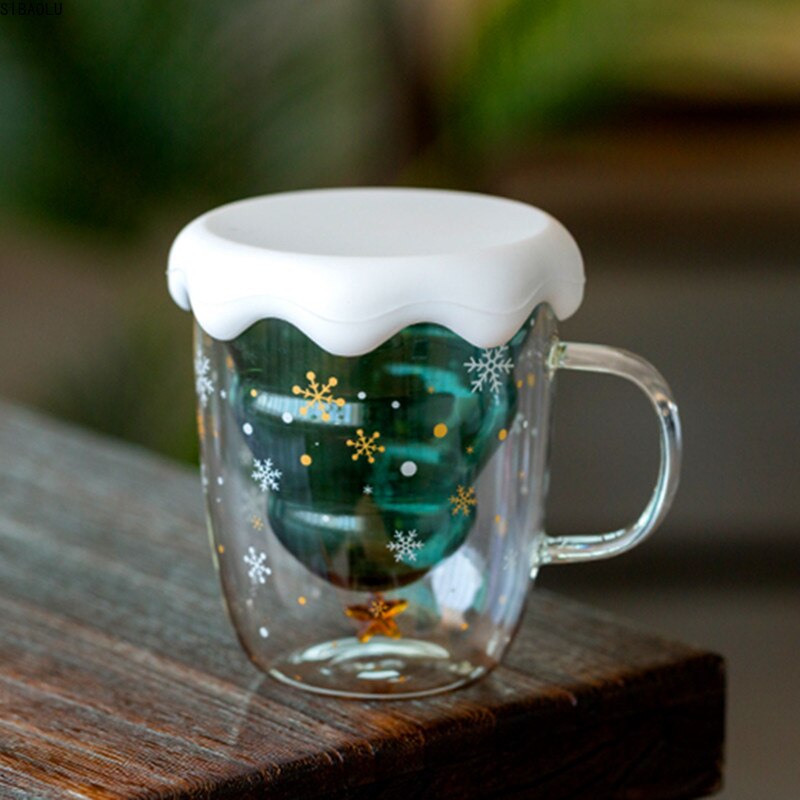 Schattige kerstboommok, dubbelwandige glazen koffiekopjes met siliconen deksel, sneeuwvlokster, kerstwijn, thee, melk, water, beker