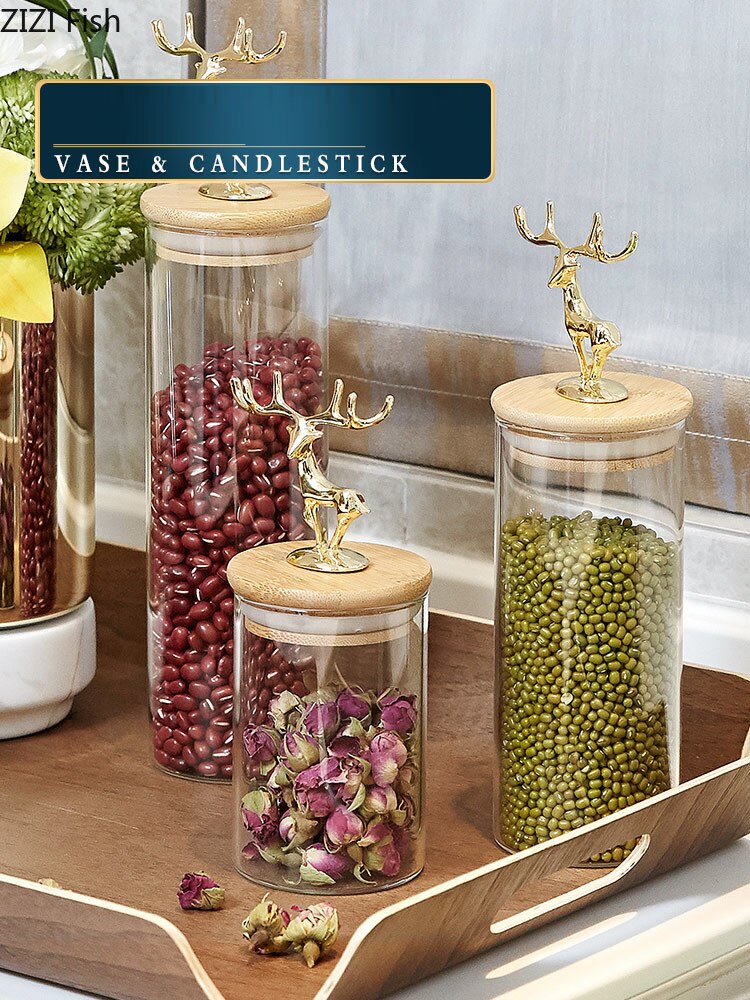 Contenedor de té europeo, sencillo, ciervo dorado, vidrio decorativo, especias, bote frasco para almacenar dulces con tapa de madera, latas de granos de té Caddy