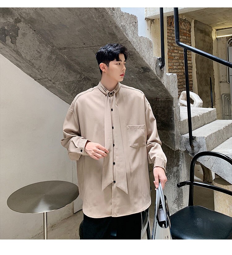 / herenkleding strik kraag gestreept overhemd lente zomer losse lange mouwen grote maten koreaanse tops casual tide 9 y 1721: Khaki / M