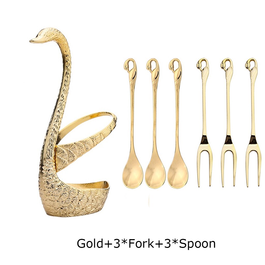 Base de cisne romántica, 7 piezas, vajilla de acero inoxidable para ensalada, postre, fruta, tenedores, cucharas de café, vajilla de cena, herramientas de cocina: Gold 3 Fork 3 Spoon