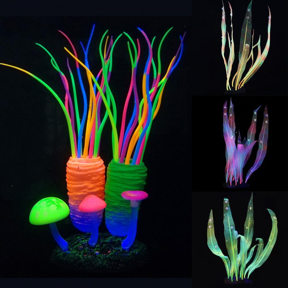 Simulação de silicone para aquário, planta marinha fluorescente de algas marinhas, enfeite colorido para aquário, decoração de aquário