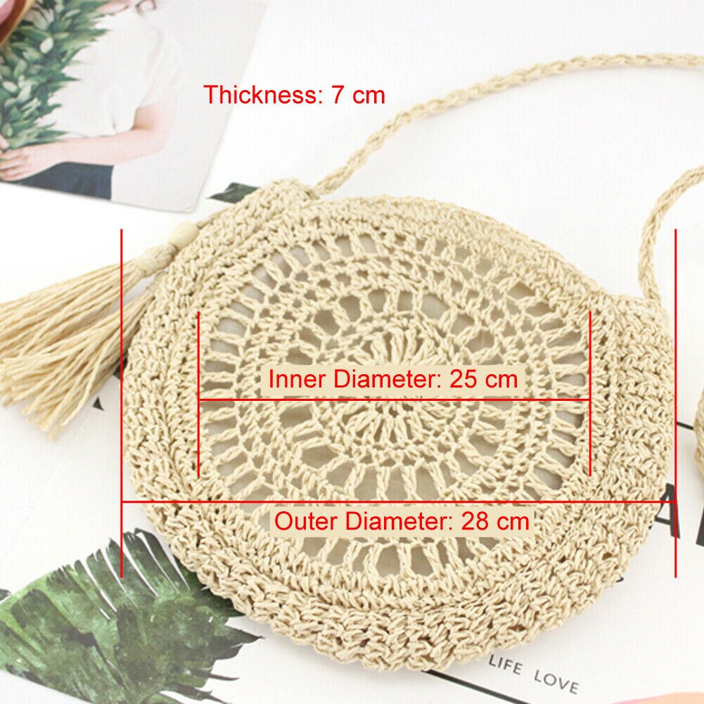 Strozak Rotan Geweven Ronde Kwastje Messenger Handtas Schoudertas Tote Purse Rits Zak Ronde Pluizige Geweven Tote Handtas