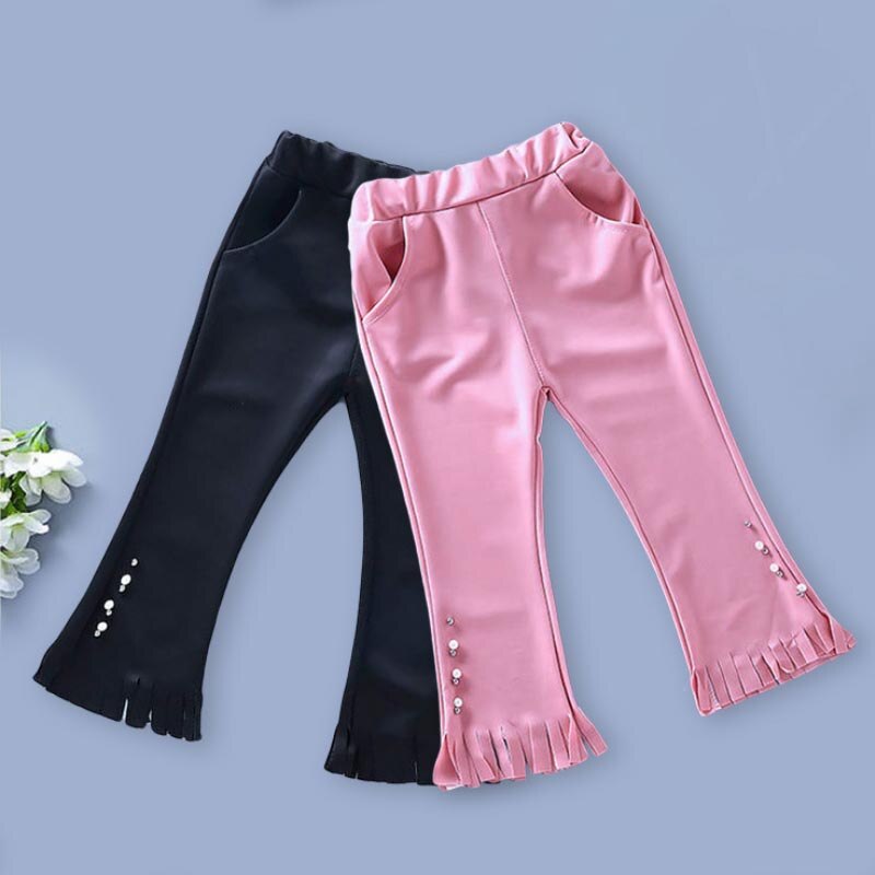 Spring Children Boot Cut Pants Autumn Girls Princess Soft Leggings Flare Pants Kids Pearl Tassel Trousers C02