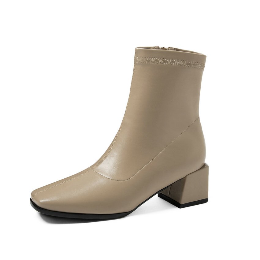 QUTAA Herbst Winter Stiefeletten Karree PU Leder Frauen Schuhe Square Ferse Zipper Kurze Stiefel Große Größe 34-43: Beige / 3