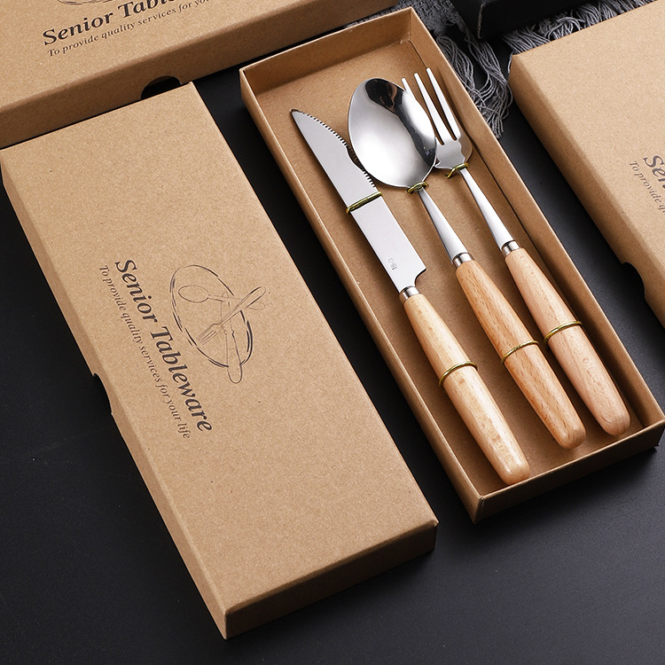 Tableware Stainless Steel Fork Spoon Chopsticks Cutlery Wood Handle Flatware Kitchen Utensils Dinnerware Set 2/3/4Pcs/set: Style E