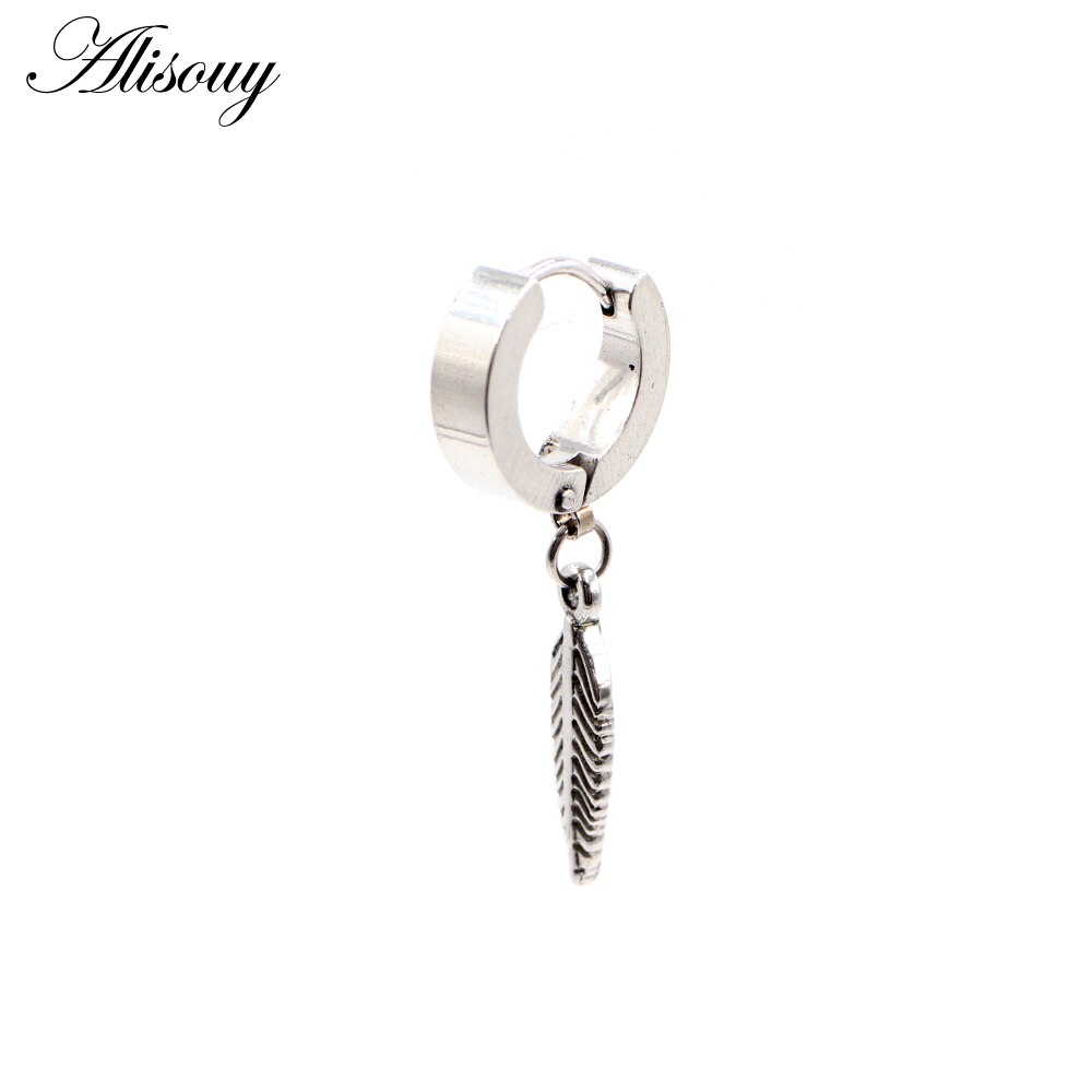 Alisouy 2 Stuks Punk Rvs Stud Huggie Oorringen Voor Vrouwen Mannen Leaf Feather Dangle Oorbellen Hiphop Goth Oor oorbellen: EM0805A Steel Color