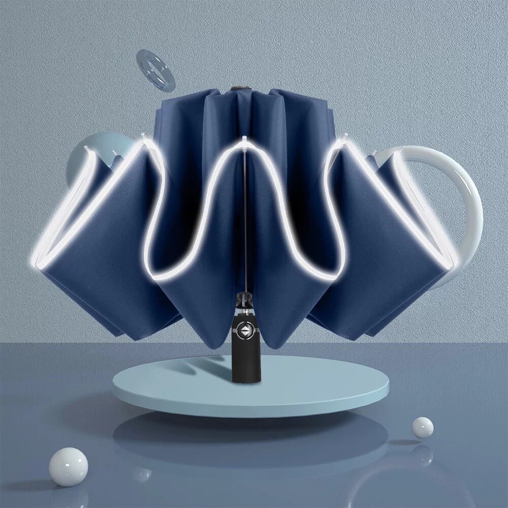 Umbrella Women's Automatic Umbrella Male LED Automatic With Reflective Stripe 3-Folding Inverted 10 Ribs UV Umbrellas: Automatic-blue