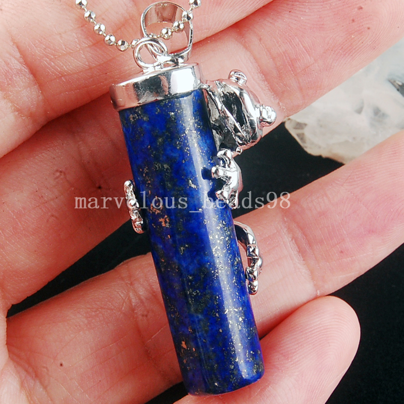 Vakre smykker 15 x 41mm ekte lapis lazuli frosk forsterket kolonne anheng halskjede med kjede  pc3872