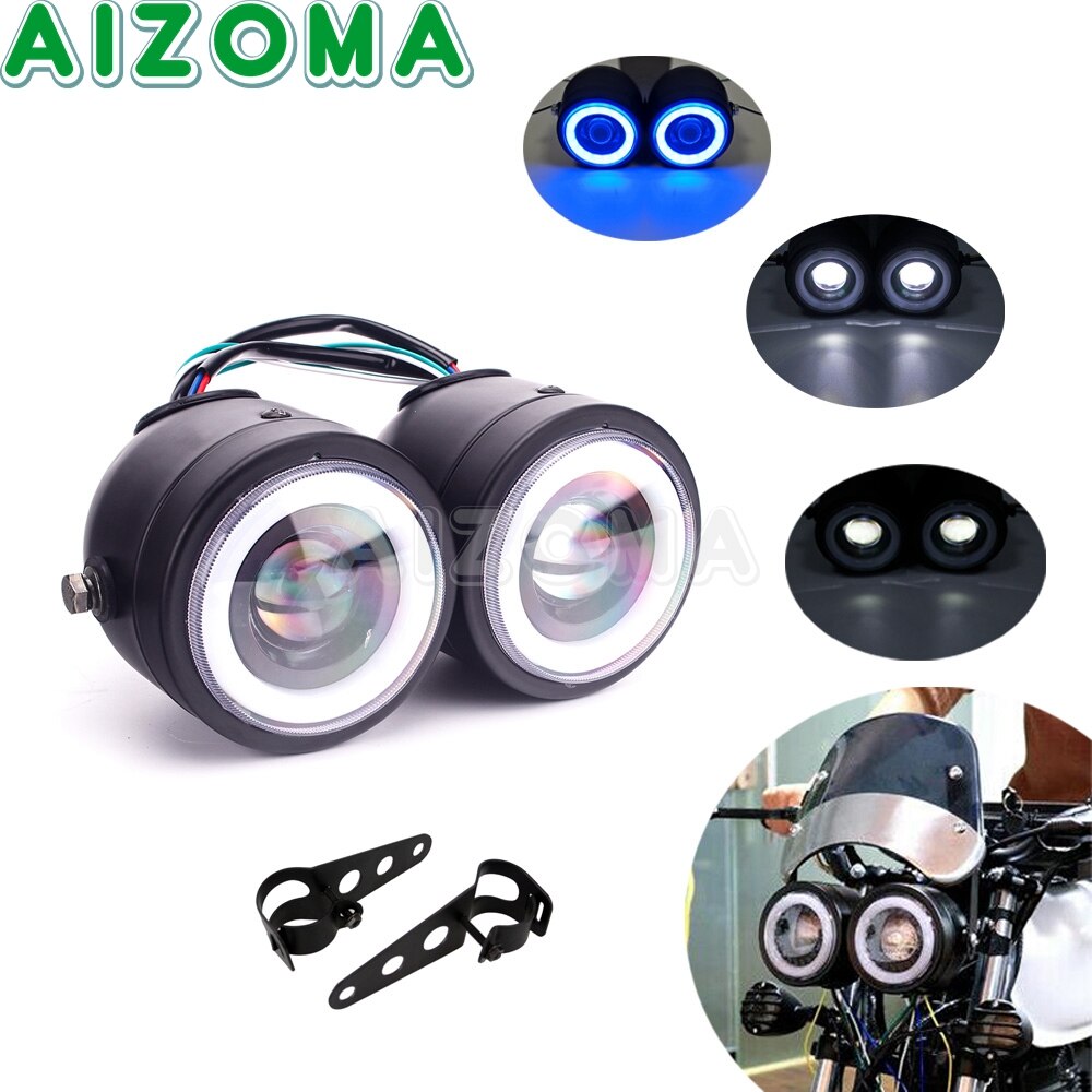 LED Double Dual Lamp Headlight Street Motorcycle Hi/Lo Beam Light W/ Bracket For Harley Touring Softail Dyna Fat Boy FXS FLST