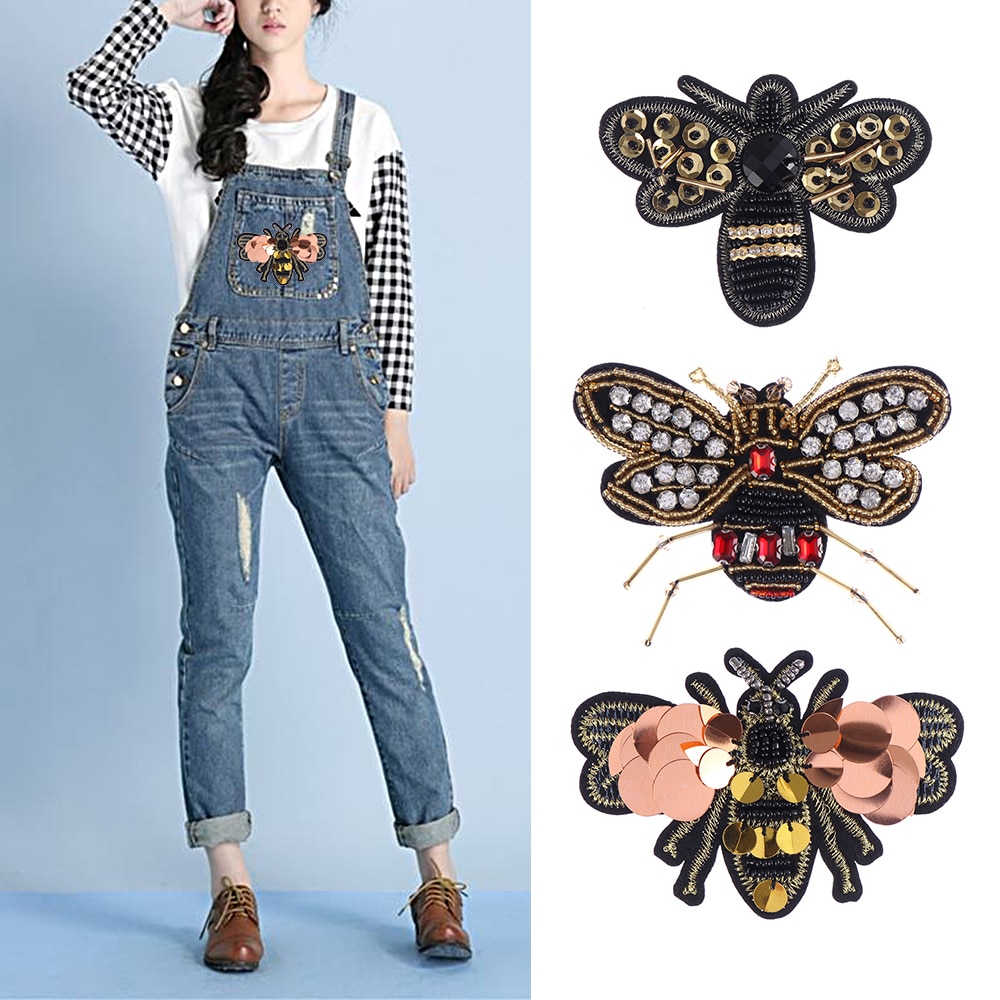 3D Handmade Rhinestone Bee Beaded Patches Sew On Sequin Patch For Clothing Beading Applique Cute Patch