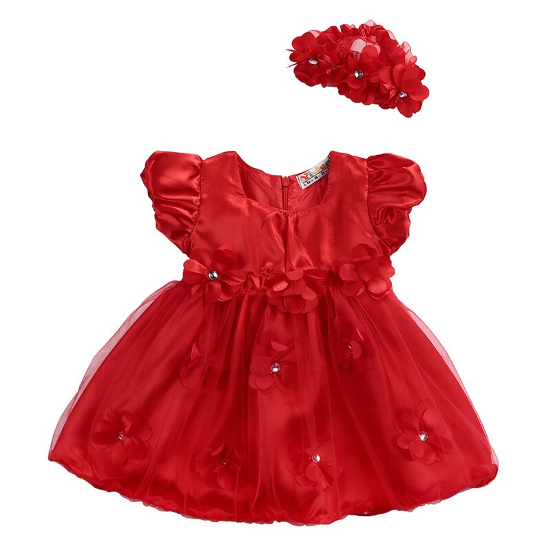 Baby piger røde blomster kjoler mesh tyl kort ærme kjole bryllupsfest prinsesse kjole pandebånd outfit sommer sommer tøj