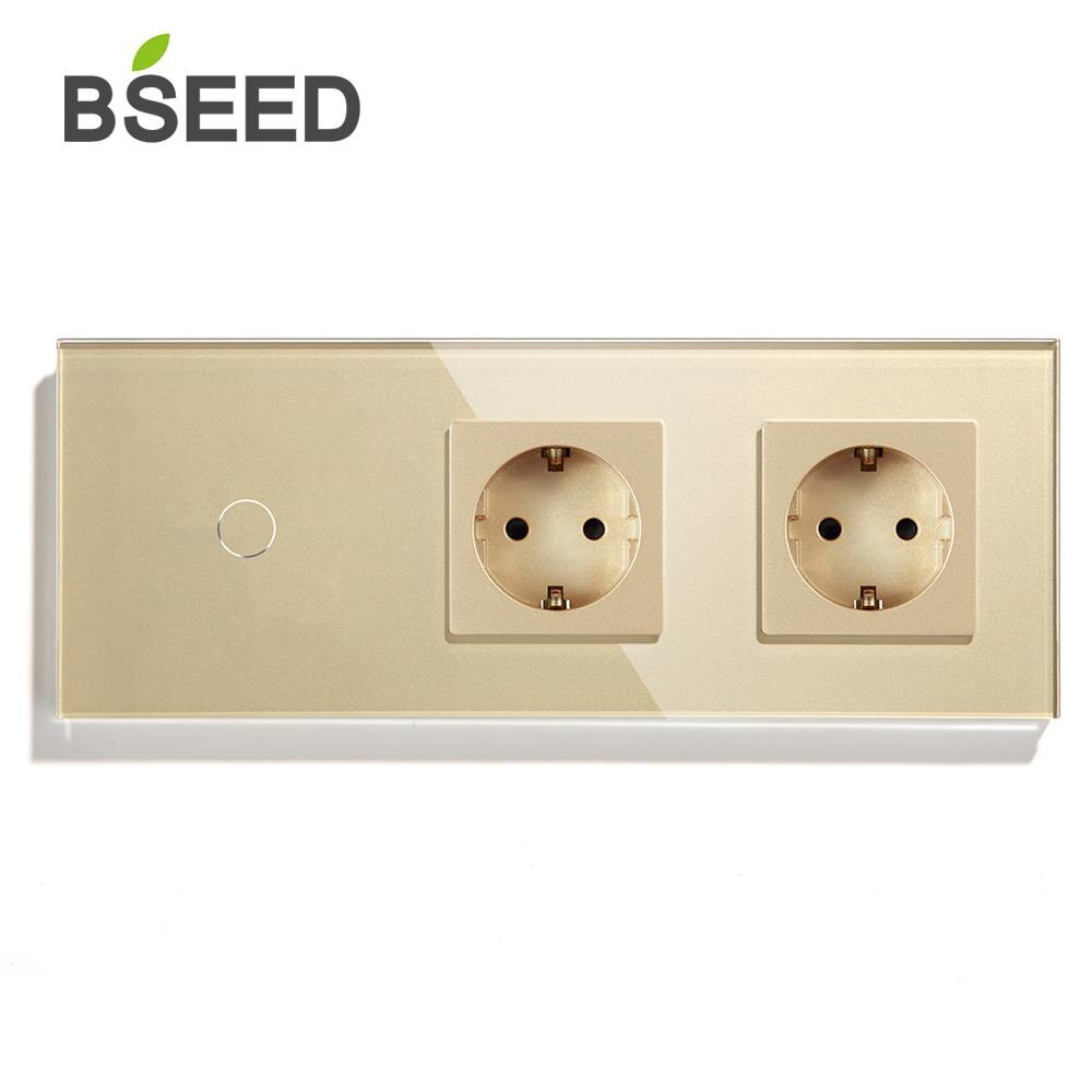 BSEED EU Standard 1 Gang 2Gang 3Gang 1 Weg 2 Weg berühren Schalter Mit Doppel EU Buchse Schwarz weiß Goldene Kristall Glas Tafel: golden 1 Gang / 1 weg