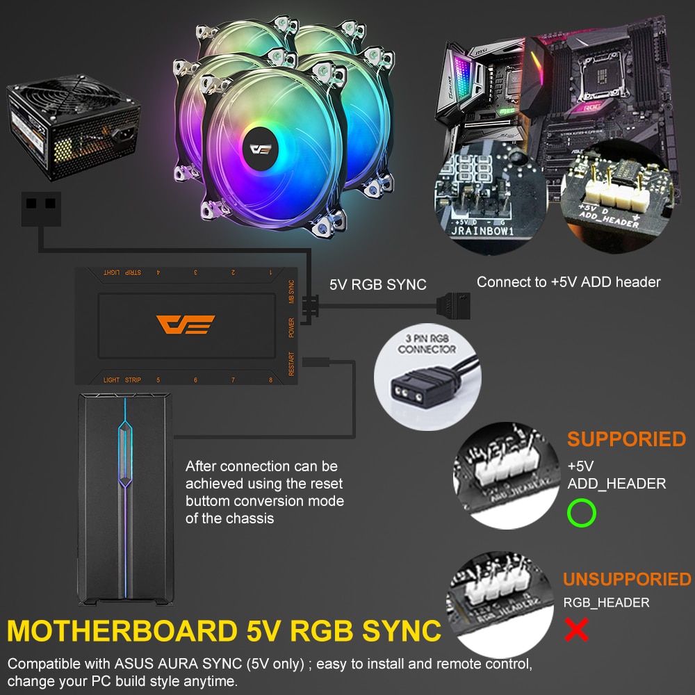 Darkflash PC Case Fan Computer 120mm Fan Clear Frame Quiet+Remote Computer Cooling CPU Cooler ASUS AURA SYNC RGB Case Fan CF8