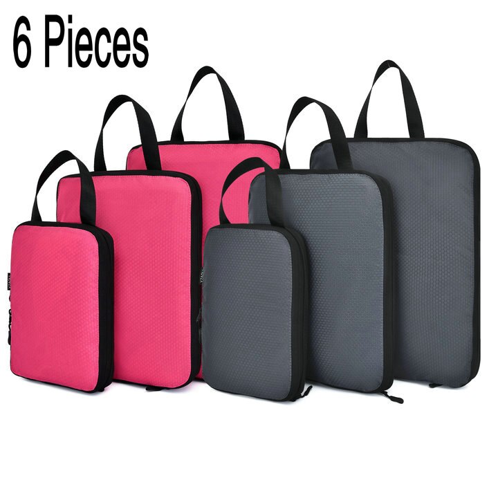 Soperwillton Compression Packing Cubes Set For Travel 3 Sizes 3 6 Pieces Travel Luggage Packing Organizers Accessories #9004: 6pcs Rose and Gray