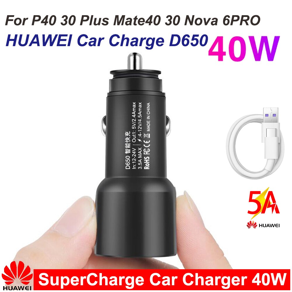 Voor Huawei Max 40W Supercharge Autolader Metalen Fcp Snelle Lading 5A Type-C Kabel Voor Huawei P30 pro Mate 40 30 20 Lite Honor V20