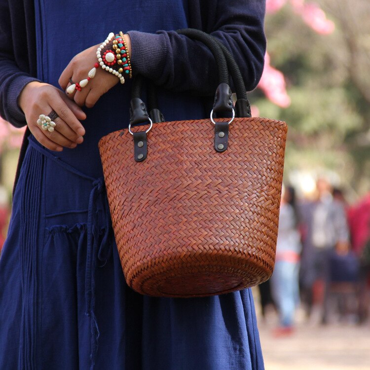 22 Stijl Strozak Rotan Houten Handvat Retro Geweven Zak Emmer Zak Grote Strand Tas: C0019