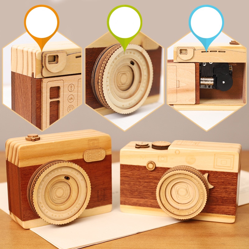 Wooden Camera Music Box Children's Day Girls Birthday Rotating Shutter Music Box Handmade Furniture Decoratio