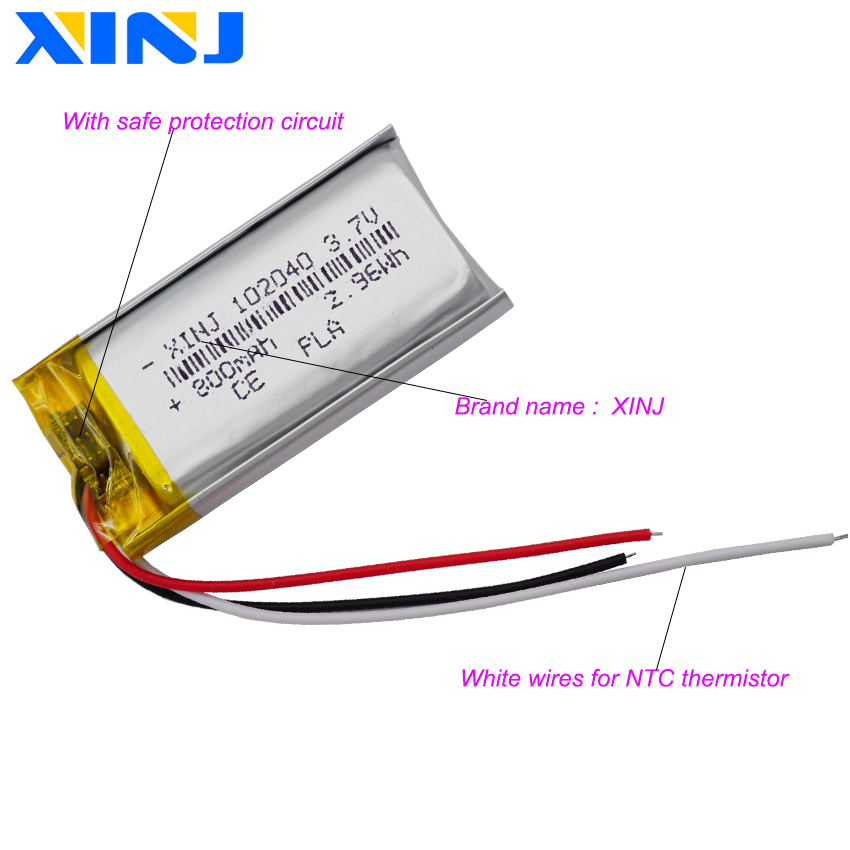 3.7V 800mAh 2.96Wh litowo-polimerowy akumulator Li bateria Lipo 102040 termistor 3 przewody do kamery samochodowej DashCam GPS rejestrator jazdy