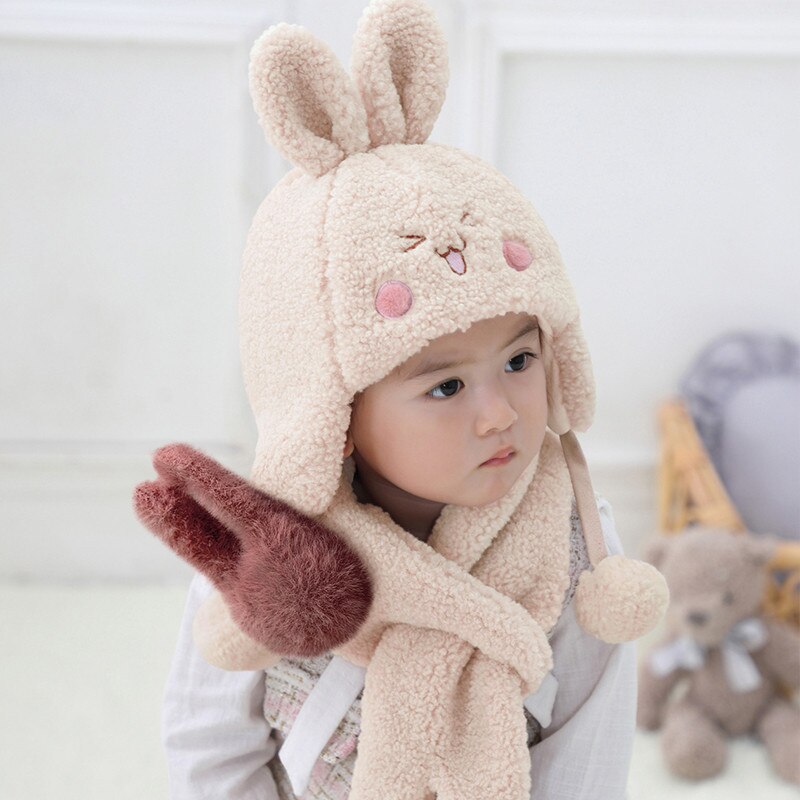Traje de cuello y gorro de bombardero para bebé, otoño e invierno, dibujos animados para niños, niño y niña, juegos de gorro y bufanda gruesos y cálidos: rabbit beige