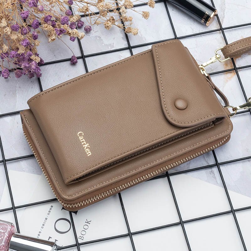 Cartera de mujer, bolso coreano de doble capa con costuras para teléfono móvil, bolso bandolera con cremallera,: Marrón