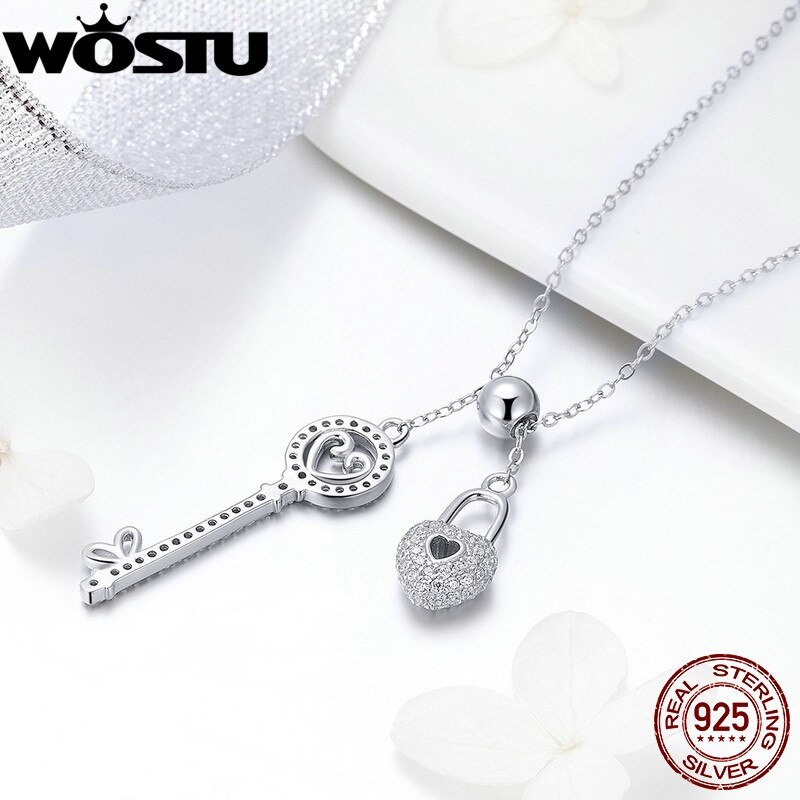 WOSTU Luxury 925 Sterling Silver The Key of Heart Lock Pendant Necklace For Women Girlfriend Wife Jewelry CQN290