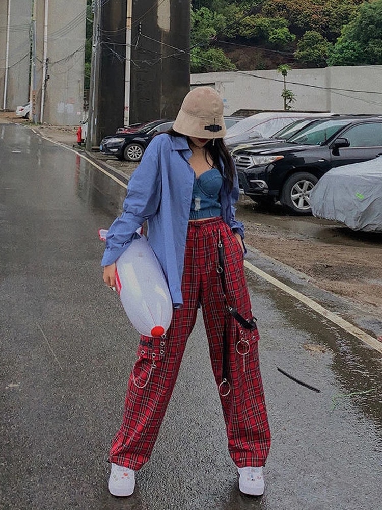 Houzhou punk kedja cargo byxor kvinnor harajuku goth pläd rutiga byxor kvinnlig streetwear estetisk hip hop egirl grunge emo