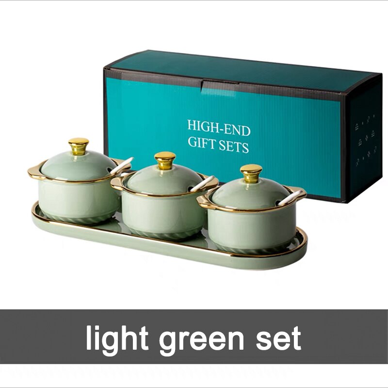 Cuenco de cerámica con tapas y cuchara para azúcar, juego de frascos de especias para condimentos de lujo, contenedor de almacenamiento de azúcar para Cocina: light green set