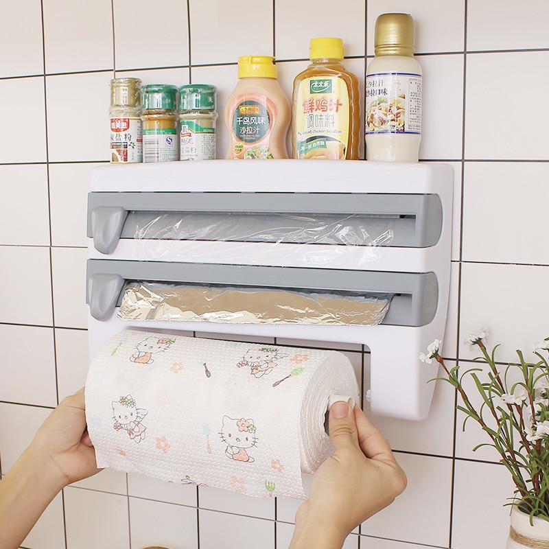 Roll Paper Storage Hardware Wall-Mount Towel Holder Kitchen Organizer Preservative Film Dispenser Sauce Bottle Storage Rack