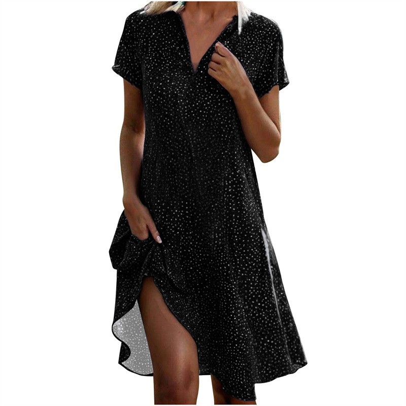 Women Summer Midi Dress Casual Loose Collar Short Sleeve Printed Polka Dot Shirt Dress Women's Clothing