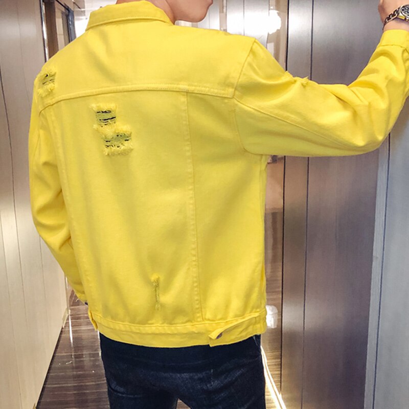 Men Casual Simple Loose Men Jacket Spring Yellow Denim Jacket Holes Long Sleeve Hole Jeans Jacket Men Outwear