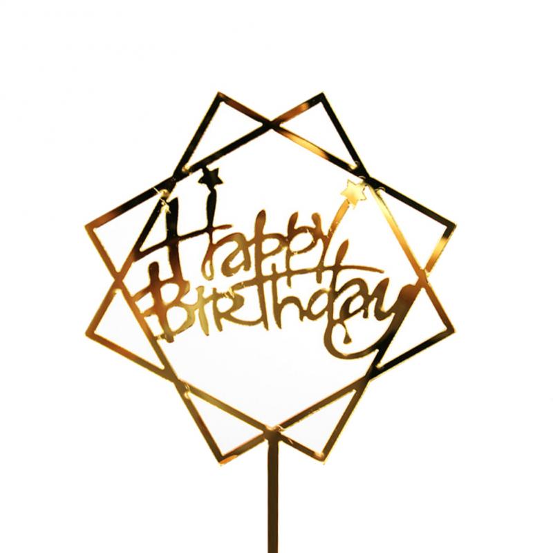 Gold Acrylic Hand Writing Happy Birthday Cake Dessert Decoration For Birthday Party Lovely Stamping Golden Insert Card: 06