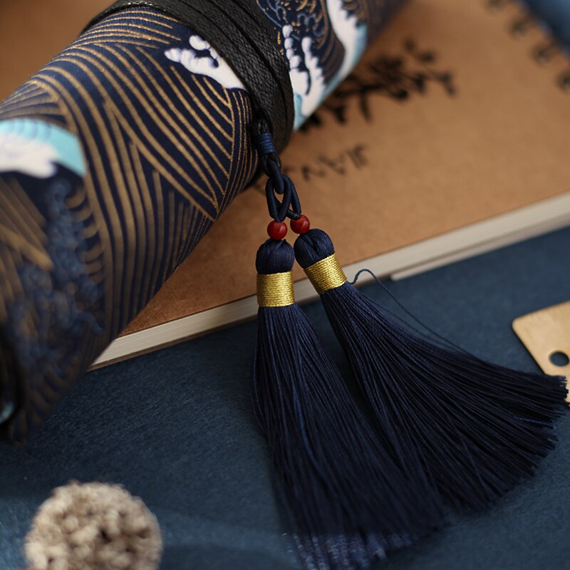 7.5 inch Antiquity Pencil Case Pen Wrap Double Tassel Ocean Wave Printing Sea Cliff Coffee Flower 4/7/10 Slots Clear Pattern