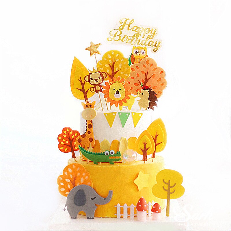 Voelde Dieren Aap Leeuw Giraffe Uil Cake Topper Voor Verjaardagsfeestje Decoraties Bakken Levert Baby Shower Kid Liefde