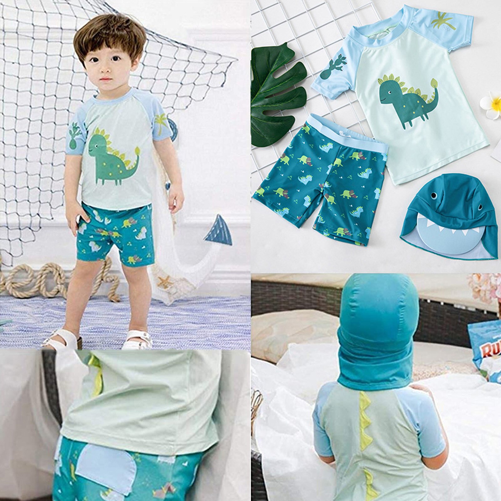 Peuter Baby Badpak Badpak Kid Jongens Kleding Cartoon Dinosaurus Shirt + Shorts + Hoed Badmode Badpak Baby Kleding Set zomer