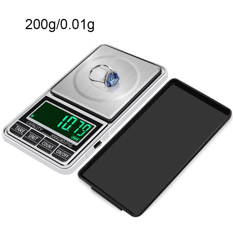 Mini Jewelry Scale USB Charging Pocket Digital Scale 100g/200g/300g/500g 0.1/0.01g Precision Electronic Balance LCD Weight Scale: 200g-0.01g