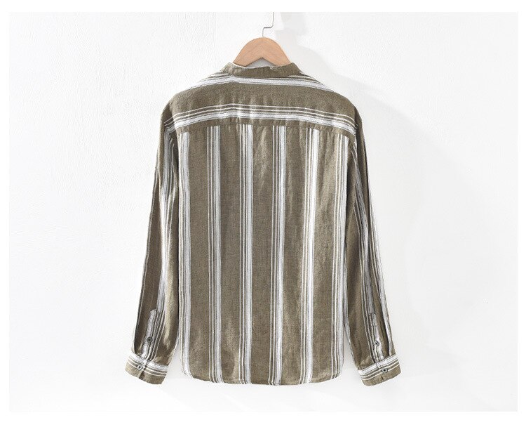 Retro overhemd voor heren zuiver linnen ademend gestreept mandarijnkraag casual gml 03-1937