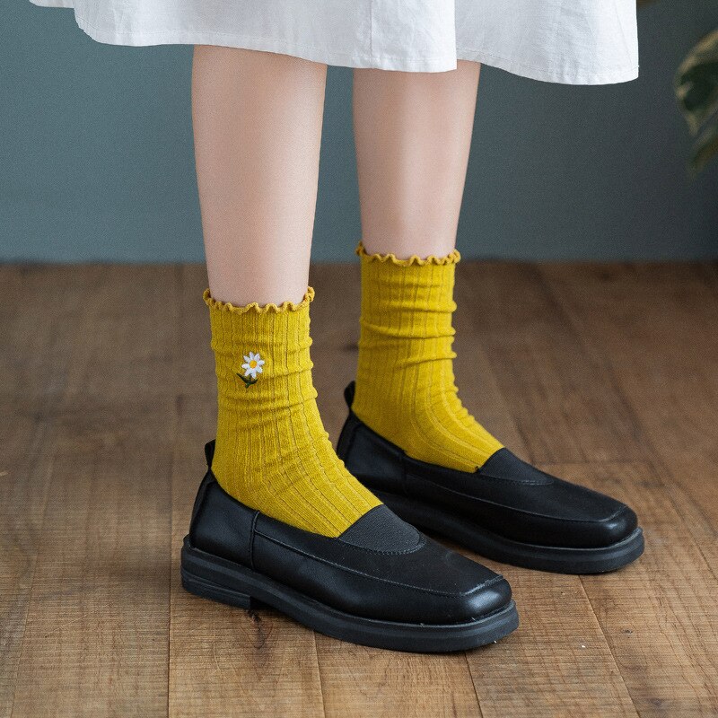 CHAOZHU Summer Spring Thin Loose Socks Daisy 8 Colors Long Women Sox Sweet Cute Cotton Knitting Rib Korea Japanese