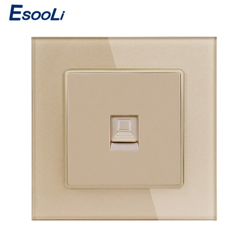 Esooli Crystal Glass Panel Power Socket 1 Gang RJ45 Internet Jack CAT6 Connector Computer Outlet Wall Data Socket: Gold