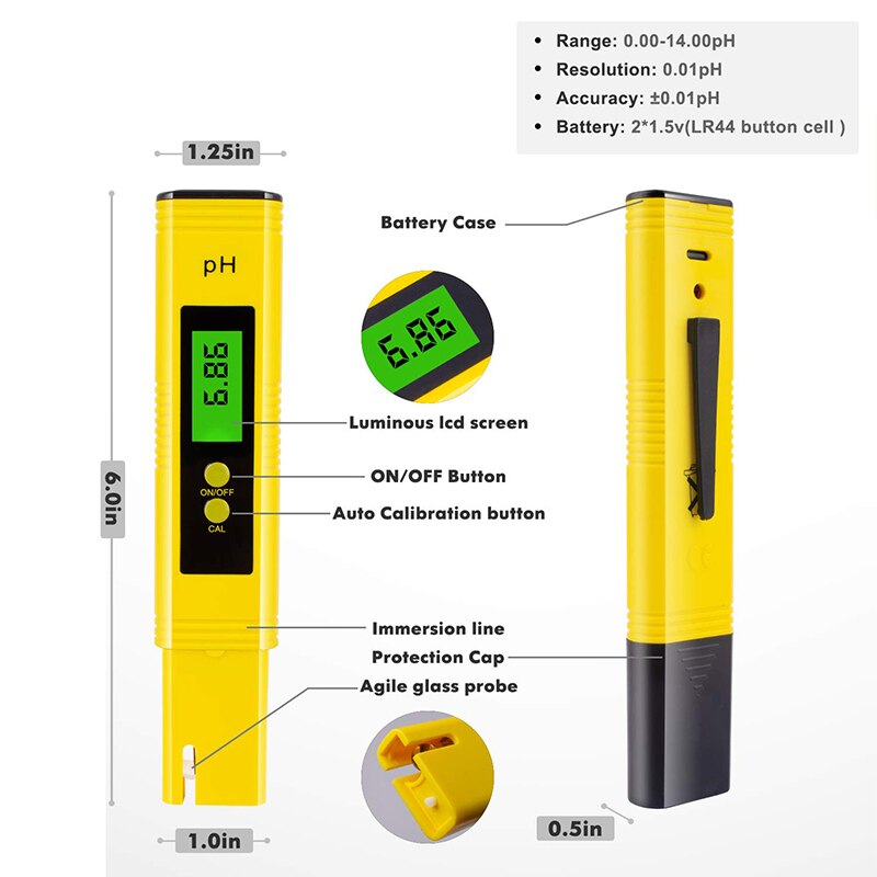 Portable PH Meter Pen Digital LCD Testing Water Purity Solution Measuring Tool 0-14pH Detect Wine Urine Yellow/Blue