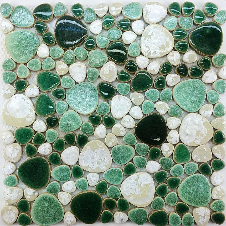 Green Mix White Pebble Porcelain Ceramic Mosaic Kitchen Bathroom Wall Tile PPMT051 Swimming Pool Flooring Tile