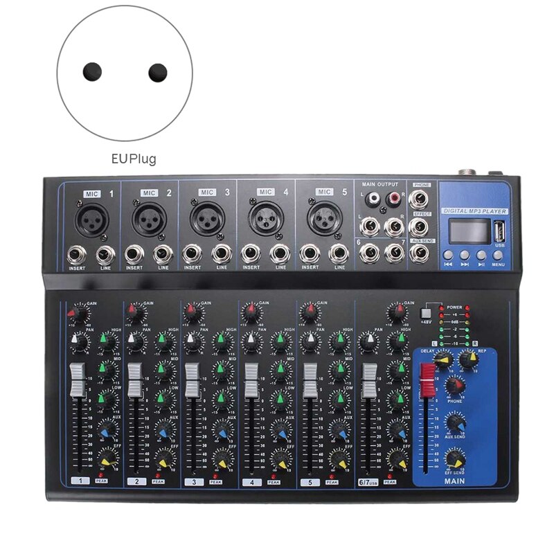 Bluetooth Portable Audio Mixer W/USB DJ Sound Mixing Console MP3 Jack 7 Channel Karaoke 48V Amplifier Karaoke(EU Plug)