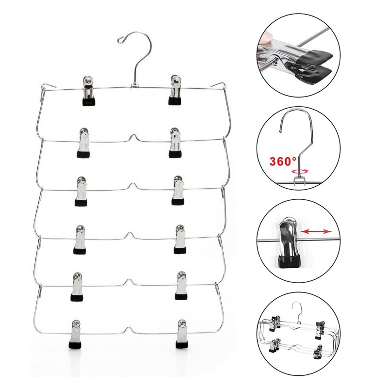 Cintres à 6 niveaux pour jupe et pantalon, avec Clips réglables, gain de place, 12 Clips de stockage pour vêtements, support métallique
