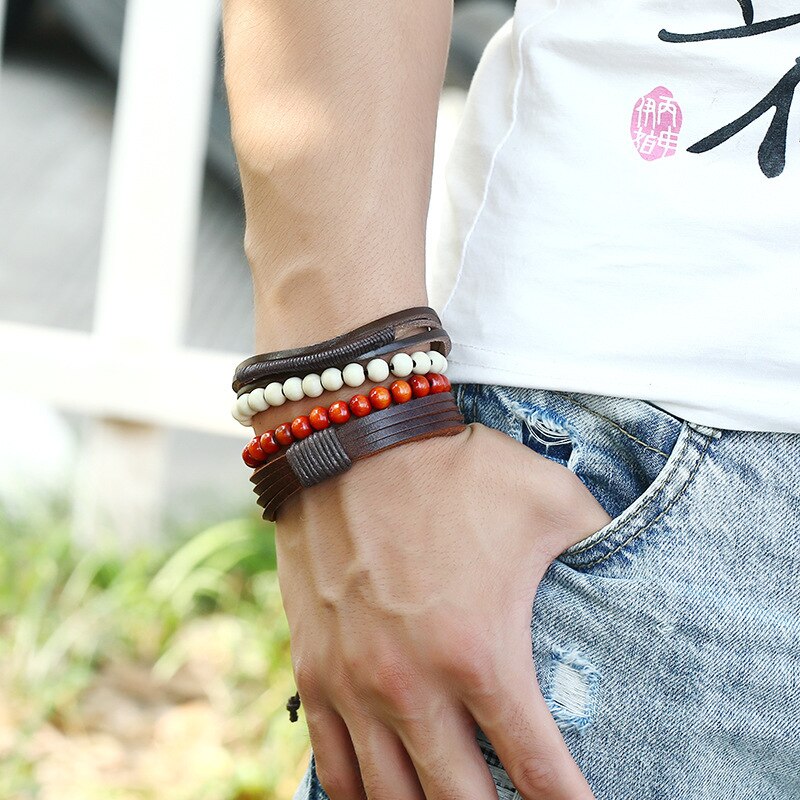 Vintage Leather Bracelet hand woven student leather rope men's and women's universal leather Beaded Friendship Bracelet: Antique Gold Plated