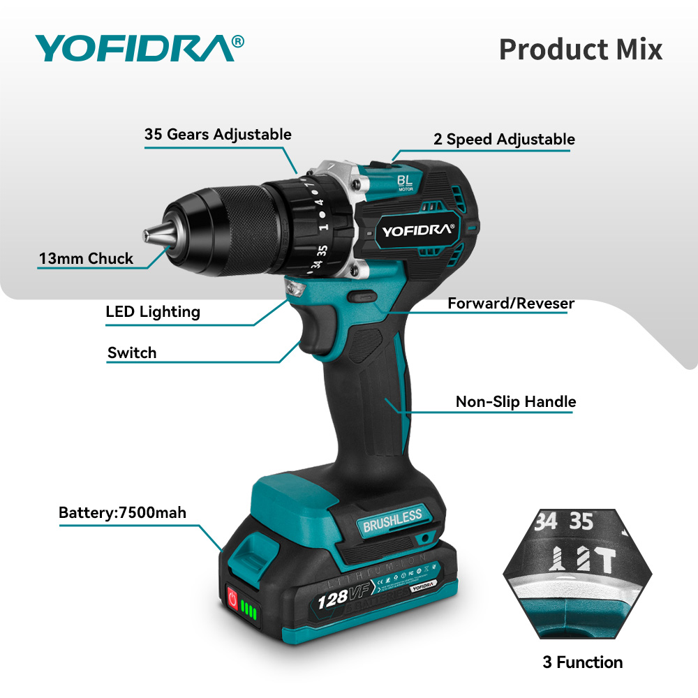 YOFIDRA 13mm 35 + 3 Drehmoment Bürstenlosen Elektrischen Schlagbohrmaschine Akku-Effiziente Elektrische Schraubendreher Werkzeug Für Makita 18V-21V Batterie