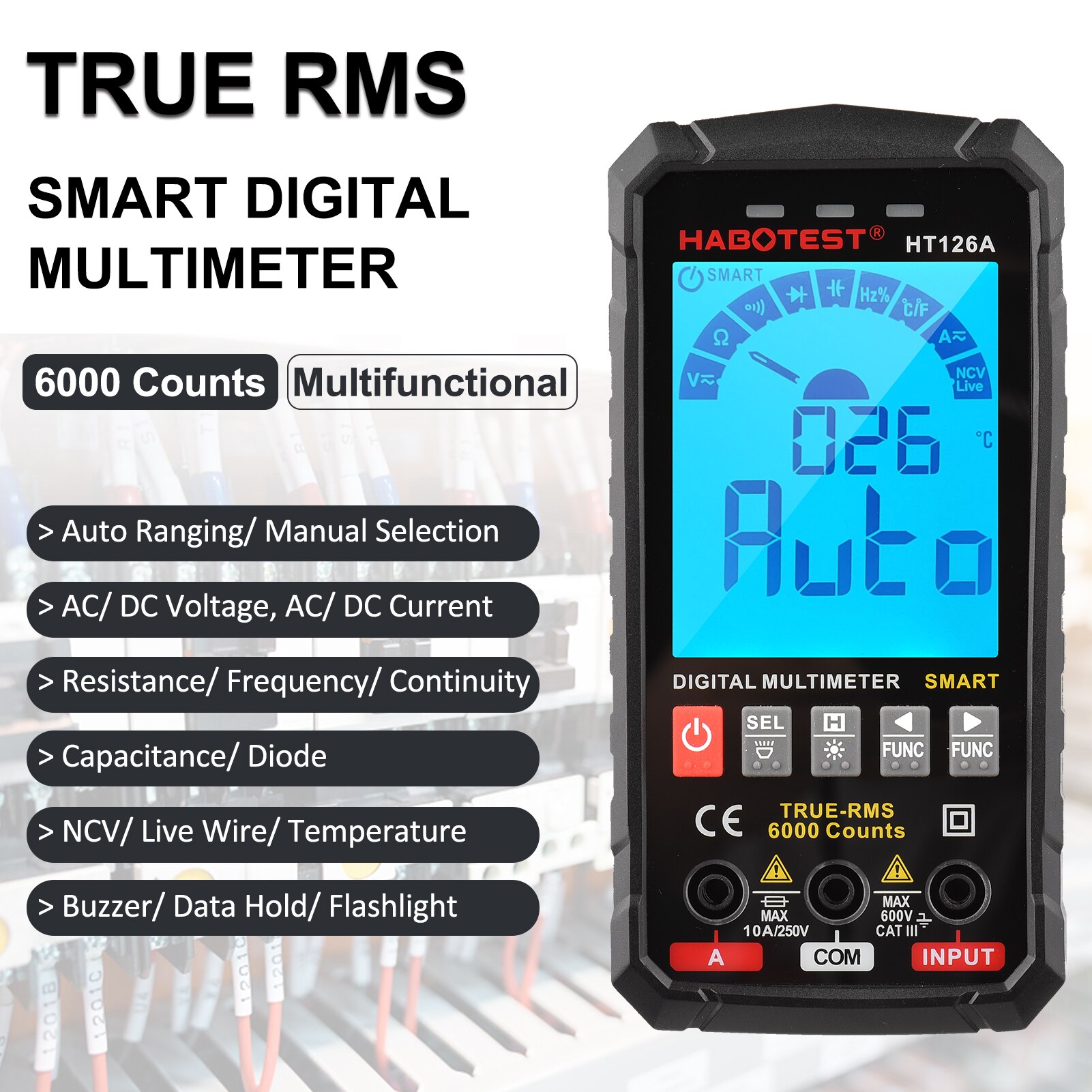 HABOTEST – multimètre numérique intelligent HT126B, écran couleur VA, testeur électrique, voltmètre ammètre, 6000 comptes, True RMS, Auto-plage