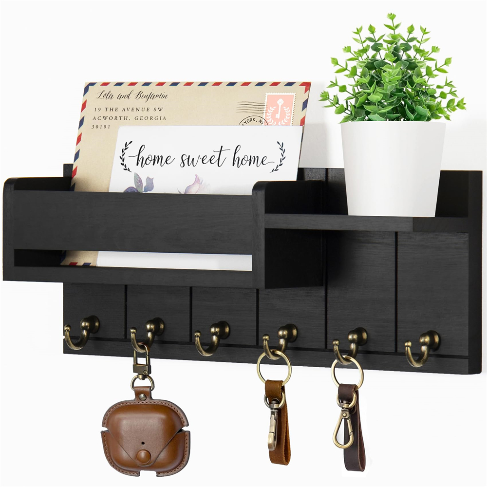 Rustic Decor Wood Wall Shelf with Mail & Key Hooks 6Hook Organizer Suitable for Living Room or Home Entryway: black